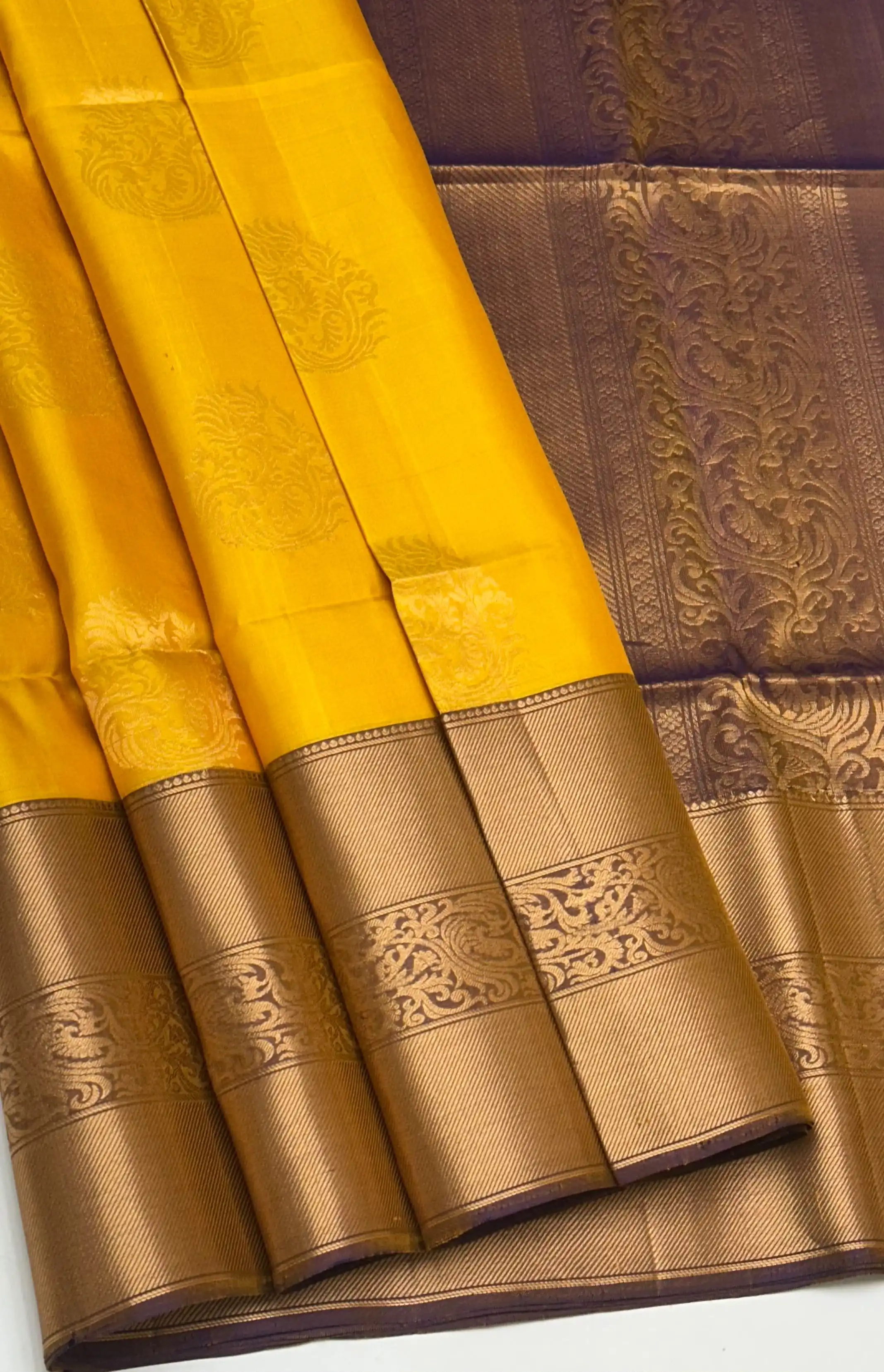 Mustard Paisley Zari Kanchipuram Soft Silk Saree
